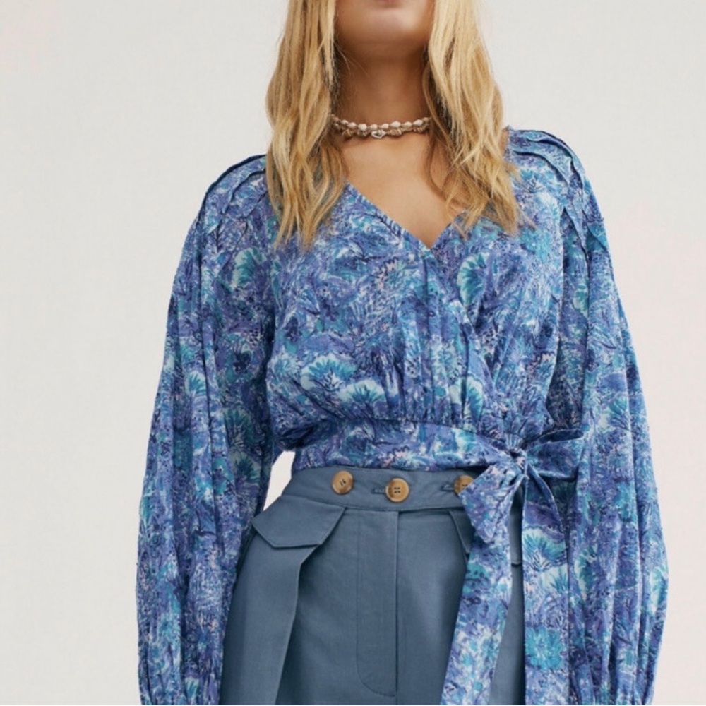 Free People Blue & Teal Floral Wrap Top